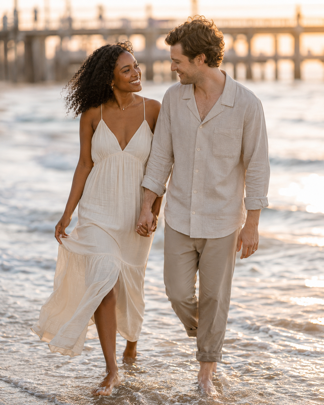 Naomi and James walking together at the water's edge at sunset