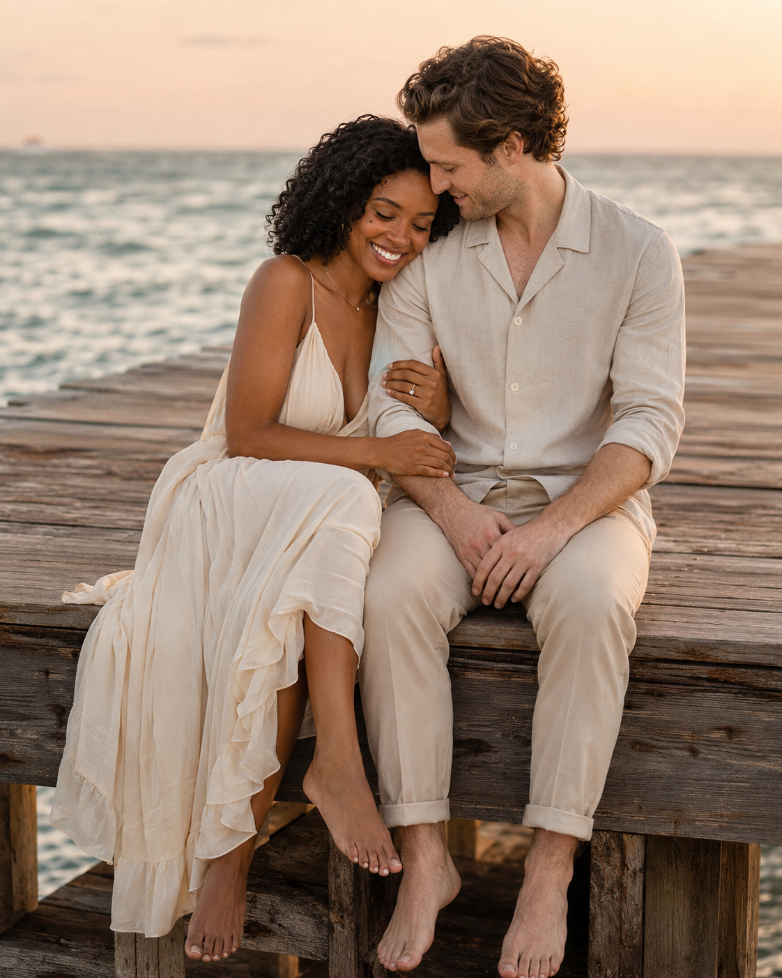 Naomi and James sitting together on the pier at sunset